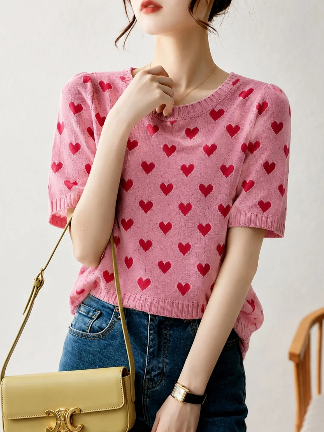 Korean Style Short Sleeve Sweet Soft Love Heart Knitted Top Fashionable Commute Versatile Women's Shirt Poetic Lin SYLKL081591