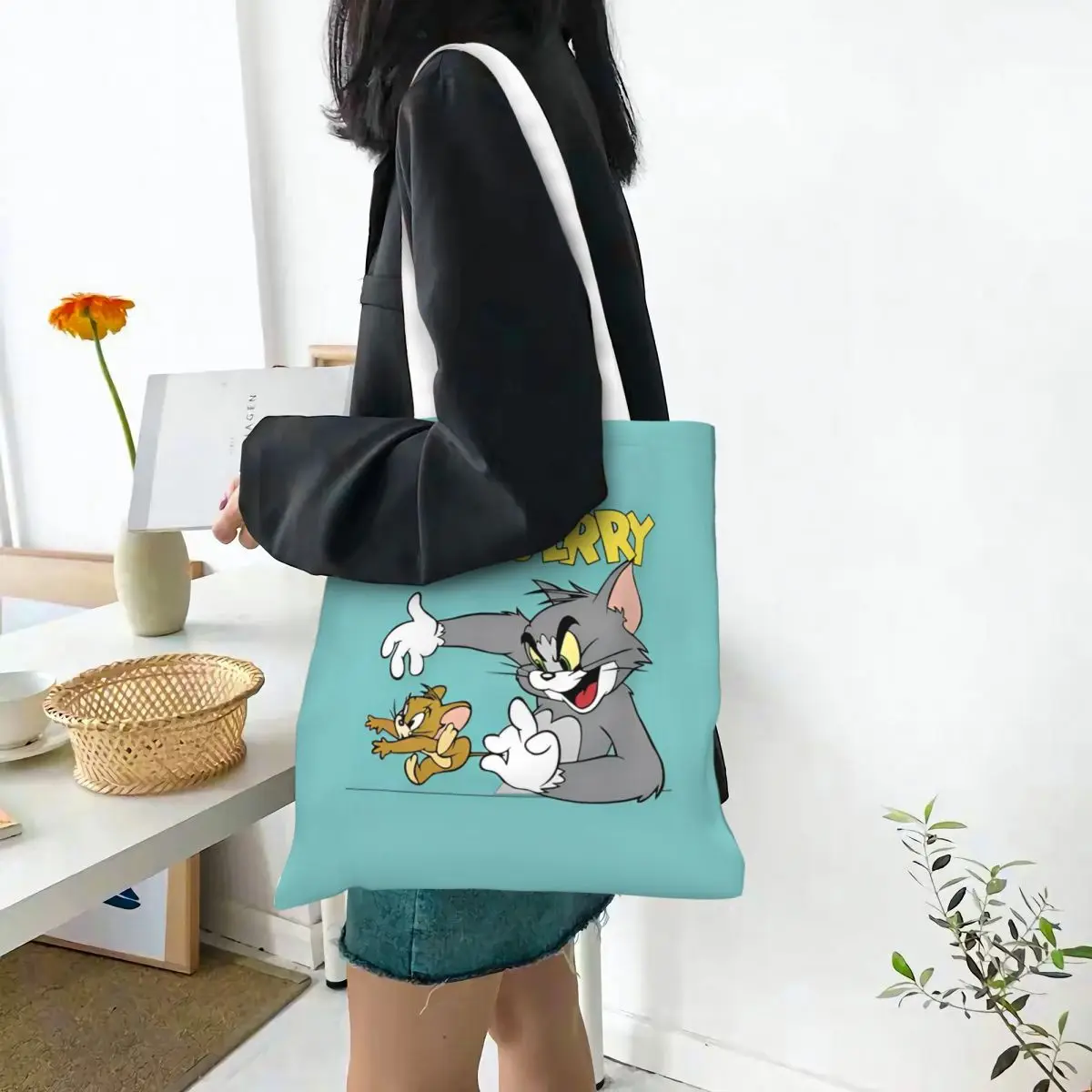 Tom y Jerry película gato y ratón bolsas de mano bolso de mujer bolso de hombro plegable para estudiante bolsa de comestibles reutilizable