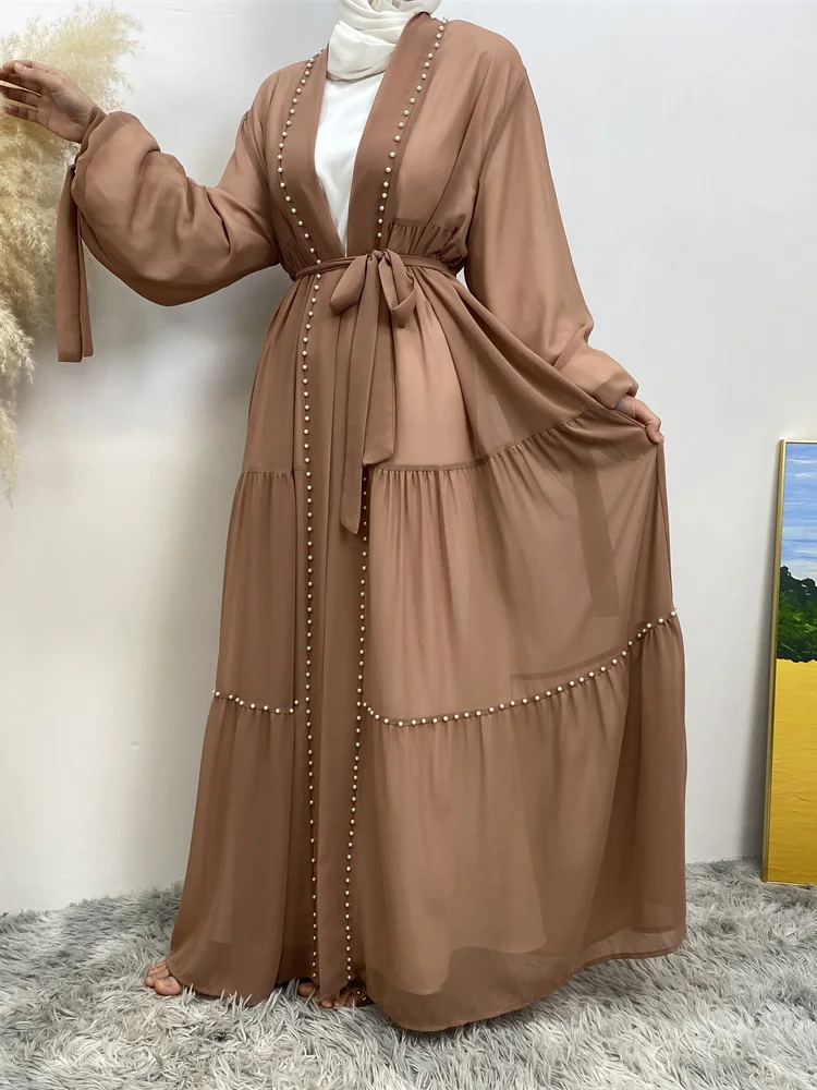 knee length dresses for ladies Long Sleeve Modest Muslim Formal Evening Dress Coral Pink Silk main image 1