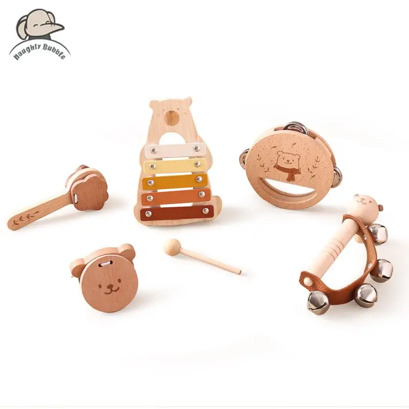 Instrumentos musicales de madera para niños, juguetes educativos Montessori, juego de instrumentos de música de madera Natural, juego de regalo de cumpleaños para recién nacidos