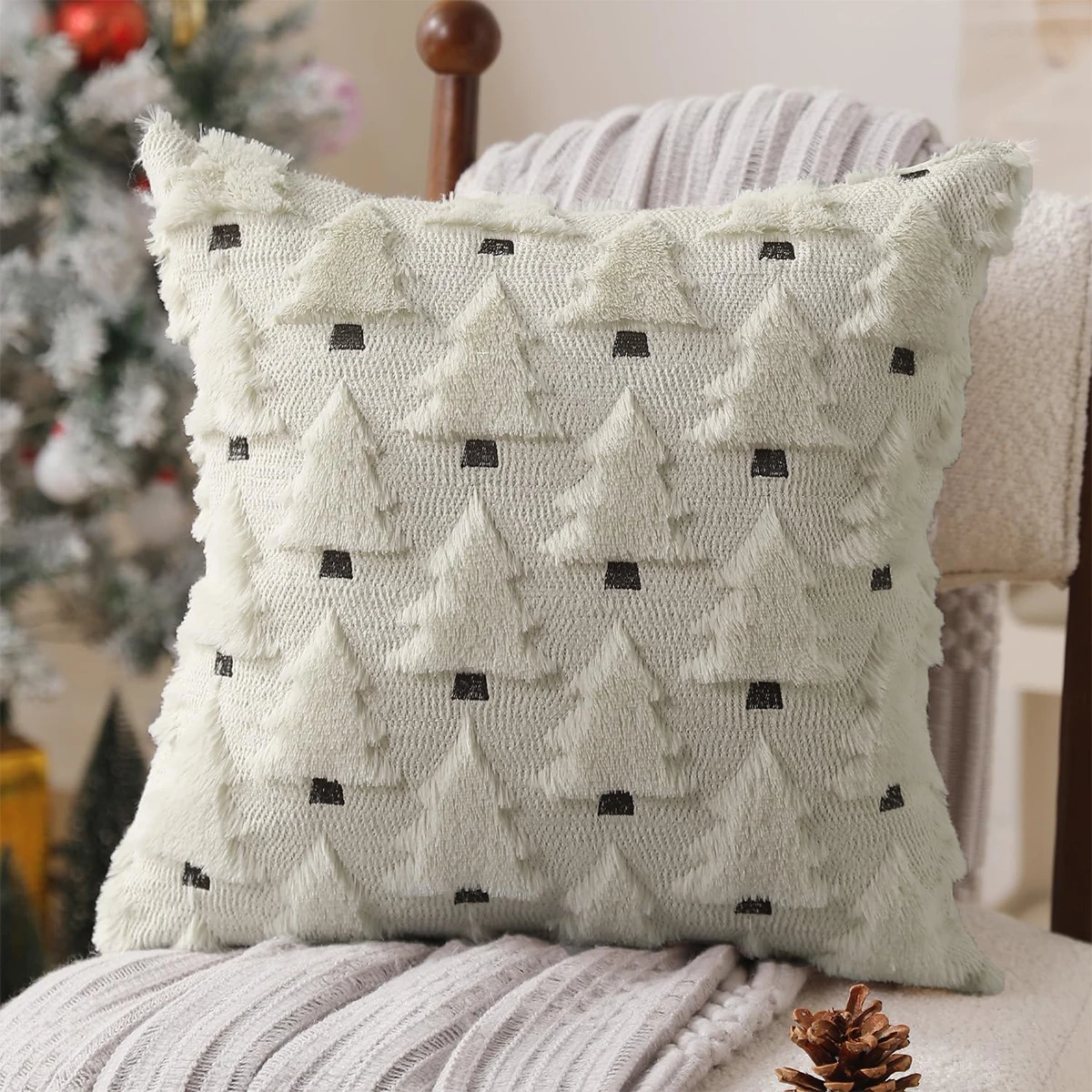 1pc Christmas Pillow Covers 18x18 inch Decorations, 3D Soft Plush Faux Fur Wool jacquard weaving Christmas Tree Throw Pillow