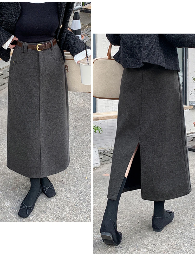 تنورة طويلة كلاسيكية عالية الخصر للسيدات 2025 تنانير صوفية شتوية دافئة مع حزام مستقيم سبليت لف ماكسي تنورة سوداء ورمادية للسيدات