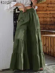 2023 ZANZEA Summer Wide Leg Trousers Fashion Women Elastic Waist Solid Loose Pants Bohemian Holiday Beach Pantalon Flare Palazzo