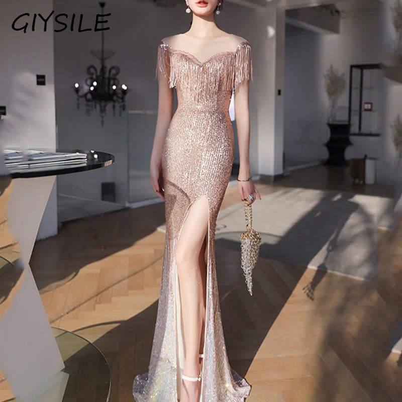 Robes de soirée longues pour Occasions spéciales, sirène élégante, col rond, paillettes, robes de fête de mariage, décoration à pampilles, robe formelle