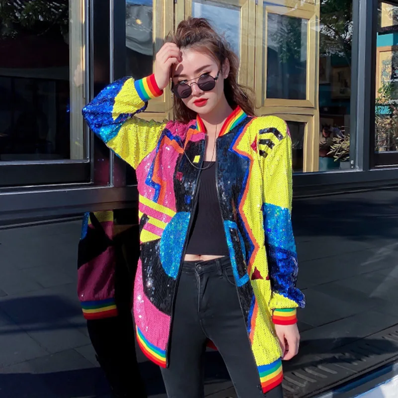 

Sequin Coat Women's 2023 Spring New Rainbow Loose Korean Long Versatile Ins Jacket