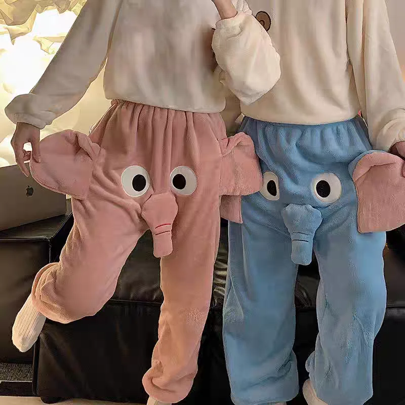 Men Women Spring Autumn New Couple Sleeping Pants Cute Elephants Trousers High Waist Loose Casual Straight Funny Home Pants
