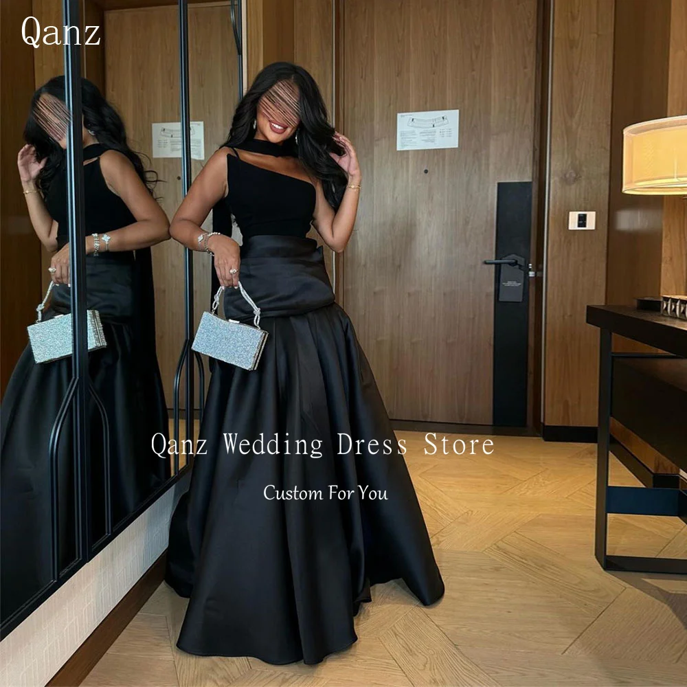 Qanz Elegant Black Evening Dresses Saudi Arabia Dubai Luxury Dresses Women Ruched Formal Occasion Dress Women Customized 2024