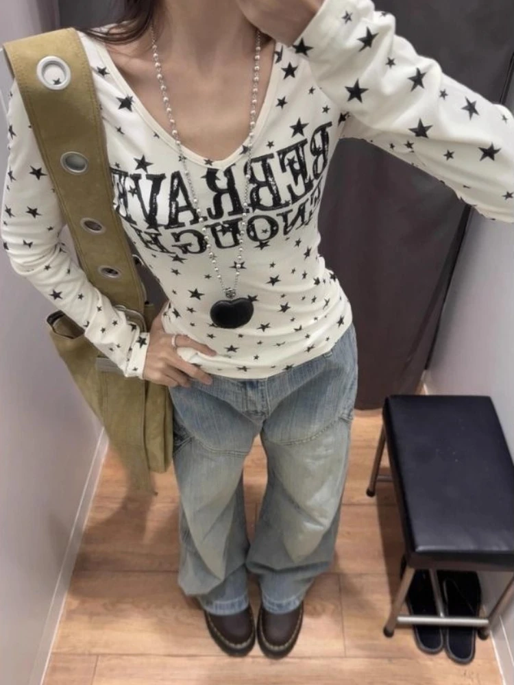 2000s American Vintage Slim Print Dot Long Sleeve T Shirts Y2k