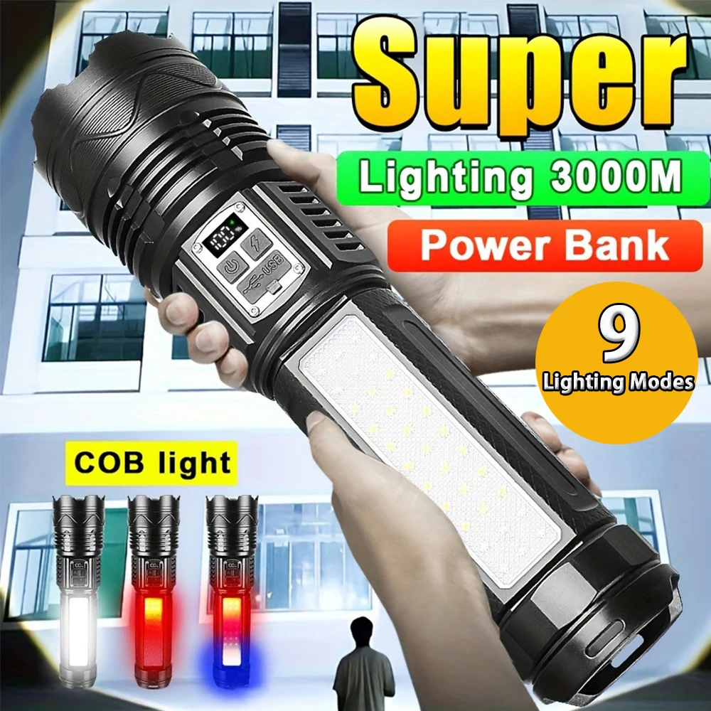 

High Power LED Flashlight Super Bright LED Spotlight Long Range Torch Zoom Emergency Outdoor With Digital Power Display