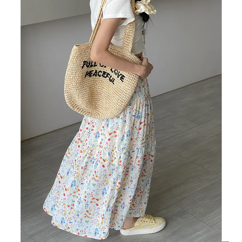

Women's Watercolor Floral Tiered Maxi Skirt, Casual Elastic Waist A-Line Swing Skirt, Lightweight Summer Flowy Skirt