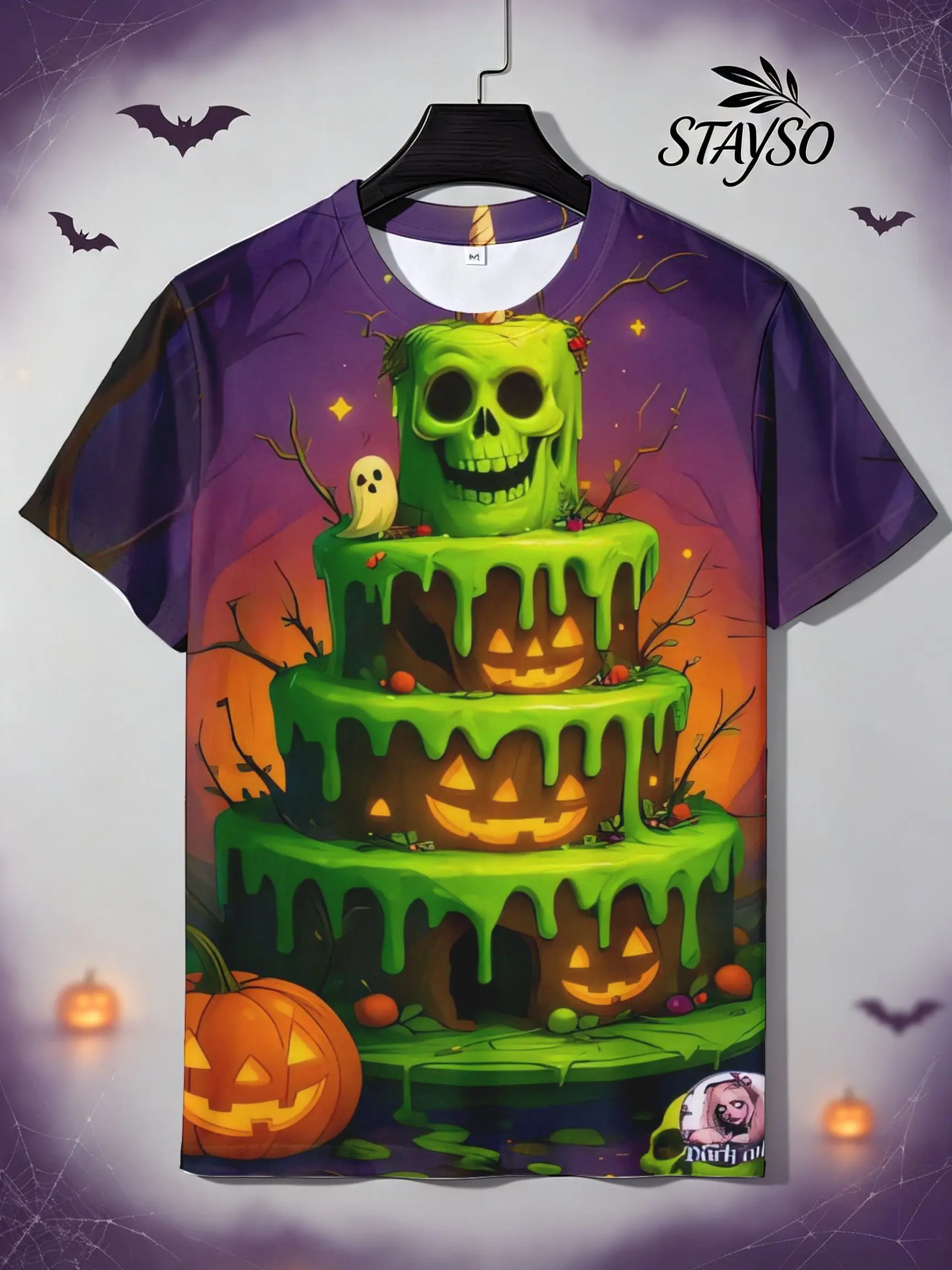 Men Short Sleeve T‑Shirt 3D Halloween Cake Skull Ghost Pumpkin Print Spooky Festival Casual Party Top