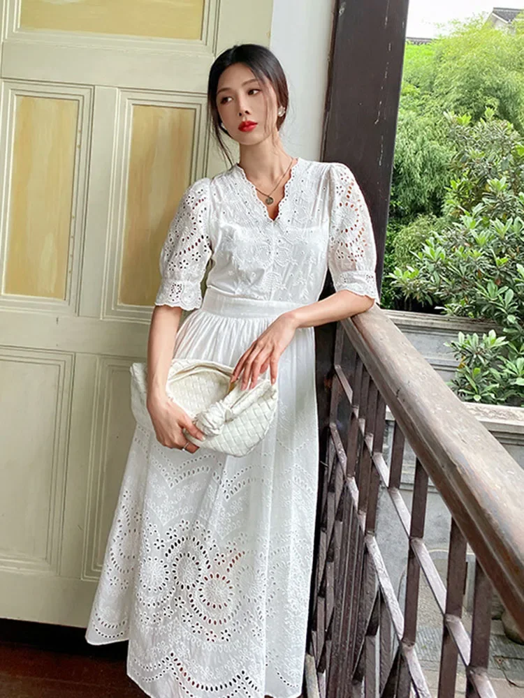 

Elegant Chic Embroidery Midi Dress White Hollow Out Holiday Dresses Women Puff Sleeve Vintage Long Dress Vestidos