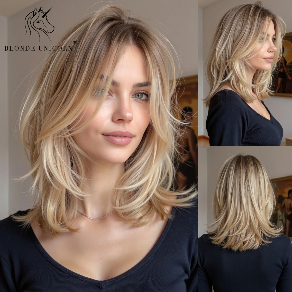 

Blonde Golden Brown Ombre Long Straight Synthetic Wig for Women with Curtain Bangs Heat Resistant Hair for Women Daily Party