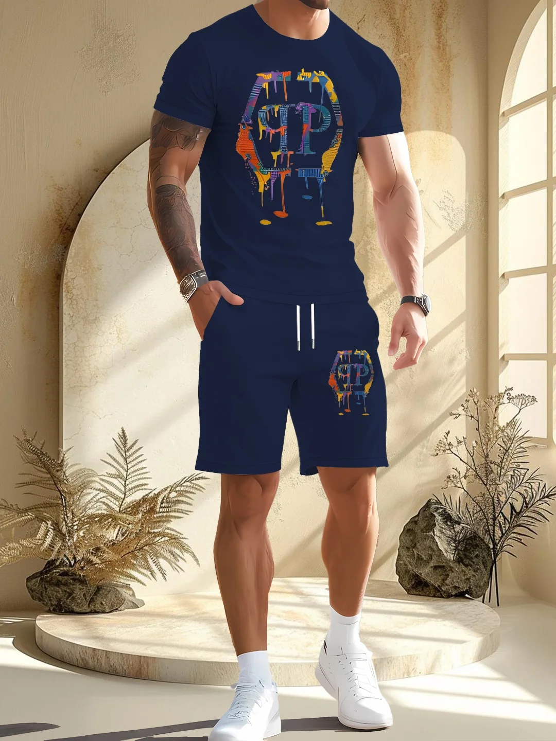 

2025 Summer Men's New Short sleeved T-shirt and Drawstring Shorts Set Breathable and Soft Summer Outdoor Sports Clothing