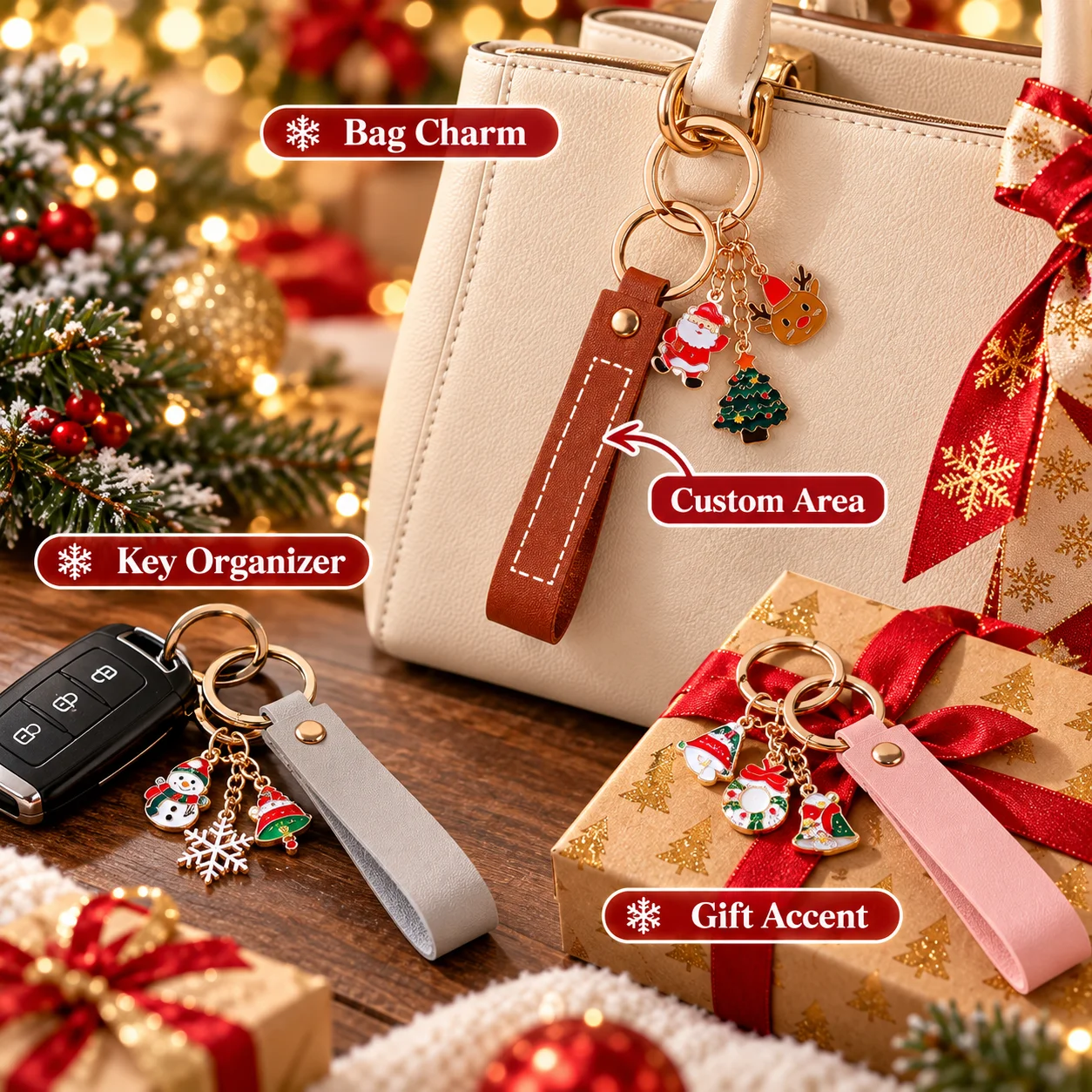 Custom Keychain For Famliy PU Leather Bag Charm Gold Metal Christmas Tree Snowman Pendant Key Holder Car Accessories - view 5