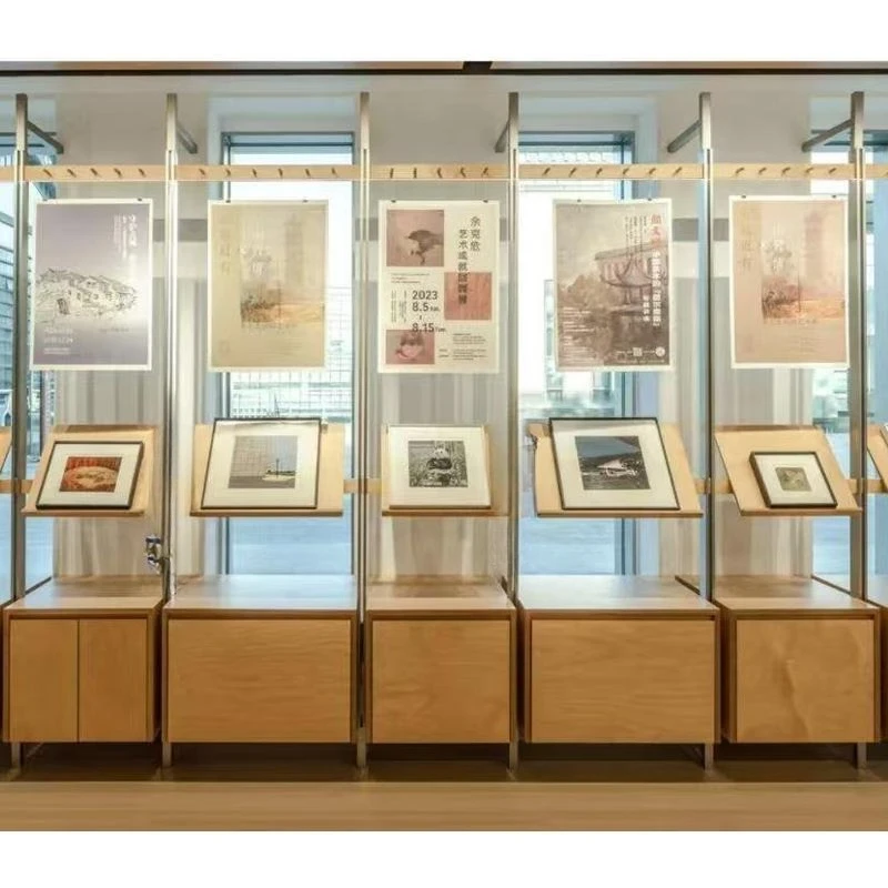 

Floor-to-ceiling aluminum profile bookshelf, birch multi-layer board with wheels display cabinet