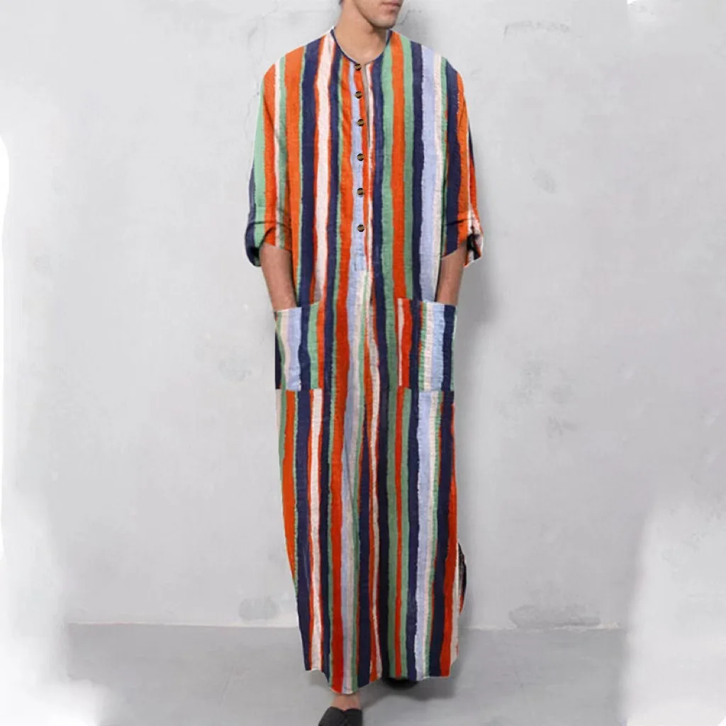 Hot Selling Men's Jubba Thobe Long Robe Loose Fit Striped Design for Spring Summer Leisure High-End One-Piece Muslim Clothing