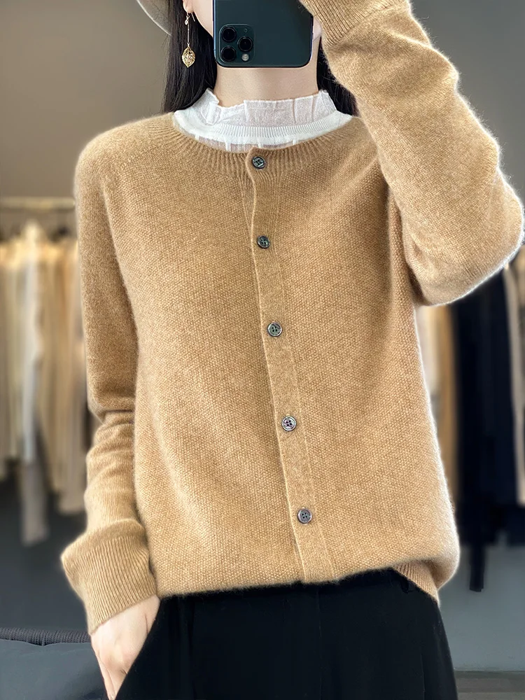 

New Spring Autumn Women's O-neck Long Sleeve Cardigan 100% Merino Wool Sweater Basic Grace Cashmere Knitwear Korean Tops