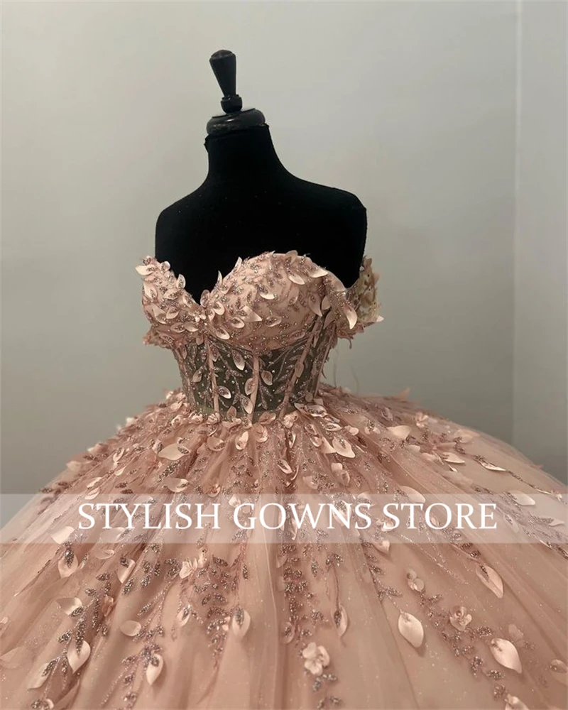 Vestido de baile de quinceañera con hombros descubiertos para niñas, vestidos de quinceañera con cuentas, flores 3D, vestidos de fiesta de cumpleaños con cordones en la espalda dulce, rosa, 15, 16