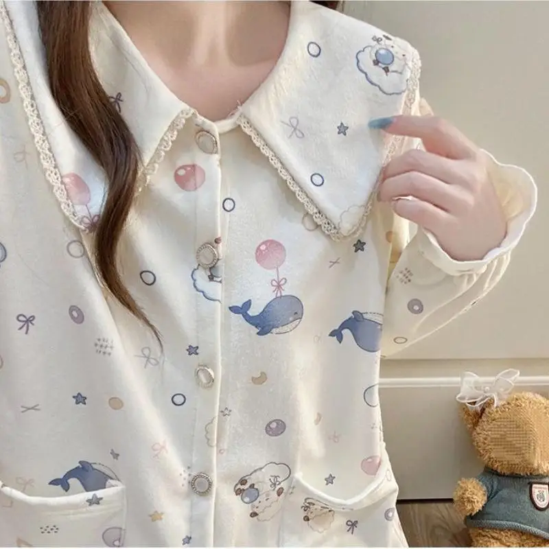 Elegant Women's Collar Long Sleeved Long Pants Home Suit Set Girls Autumn Winter New Style Thick Cardigan Home Suit for Women