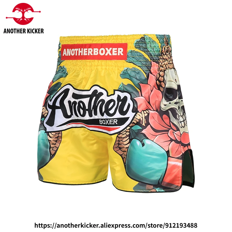 

Шорты для тайского бокса с принтом черепа, мужские, женские, молодежные, для кикбоксинга, ММА, одежда для единоборств, желтые