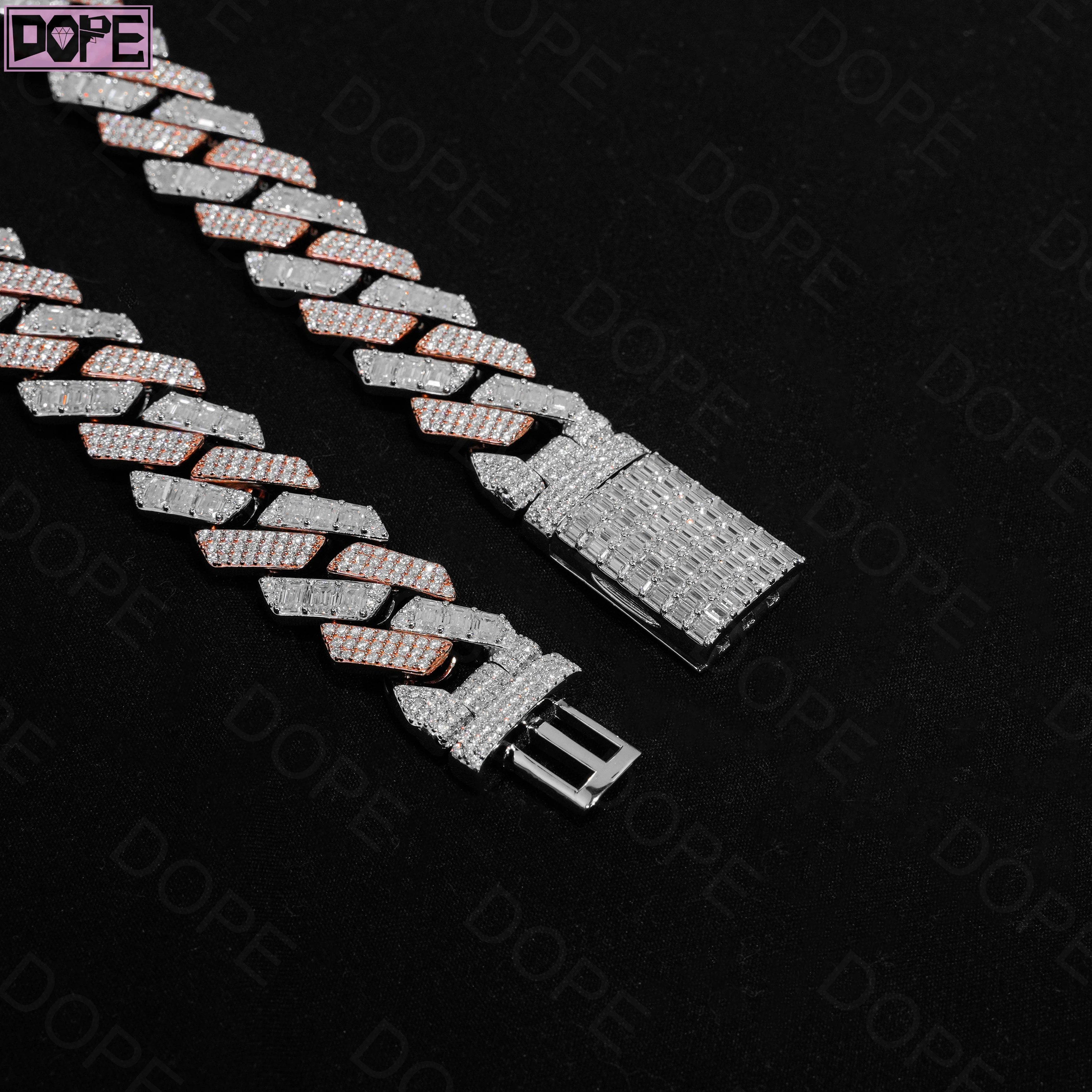 18mm Luxury Cuban Link Chain Two-Tone Emerald Cut 925 Sterling Silver VVS Moissanite Cuban Chain.