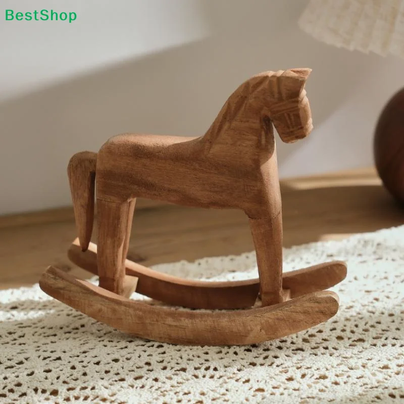 〔R〕Hand Carved Wooden Rocking Horse Figurine, Rustic Natural Wood Rocker Decor for Home & Nursery