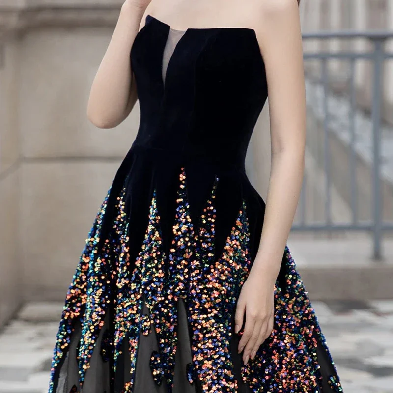 Customized  Luxury Black Evening Dress for Women Strapless A-line Sequins Beading Sparkling Formal Party Gowns Vestidos De Noche