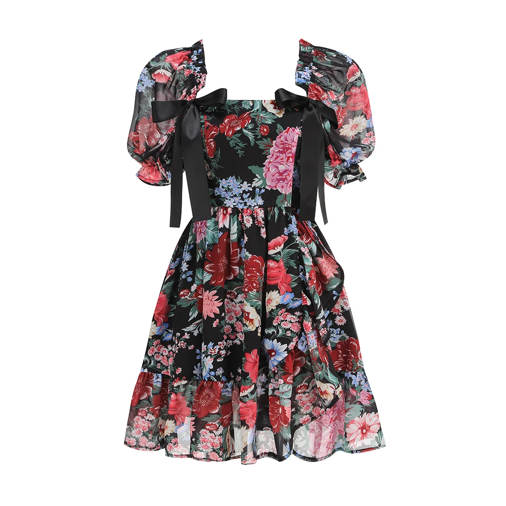 

Women Fashion Summer Floral Dress Elegant Short Puff Sleeve Square Collar A Line Mini Chiffon Dresses High Street Going Out