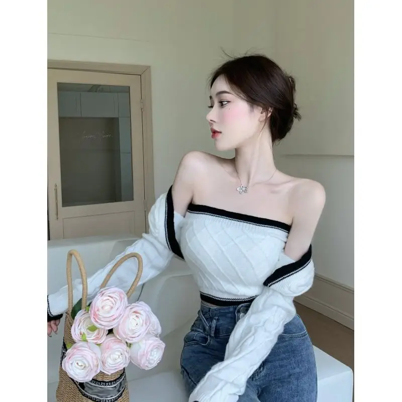 Sexy Crop Top Strapless Camisole 2 Piece Sets Korean Clothes V Neck White Knitted Cardigan Jacket Twist Sweater Argyle Shawl