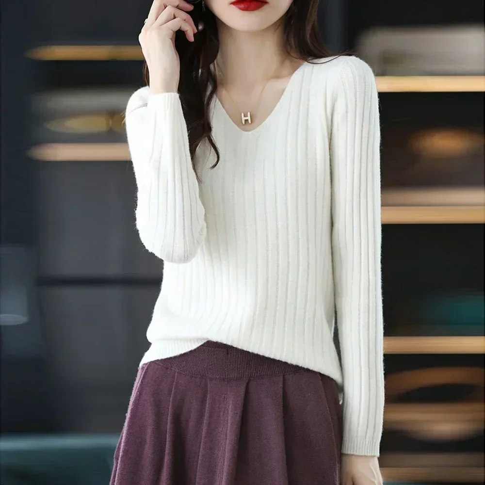 V neck Long Sleeved Knitted Sweaters Women S-2XL White Black Red Coffee Stretch Sweater T Shirt Slim Tops Clothes Sueter Mujer