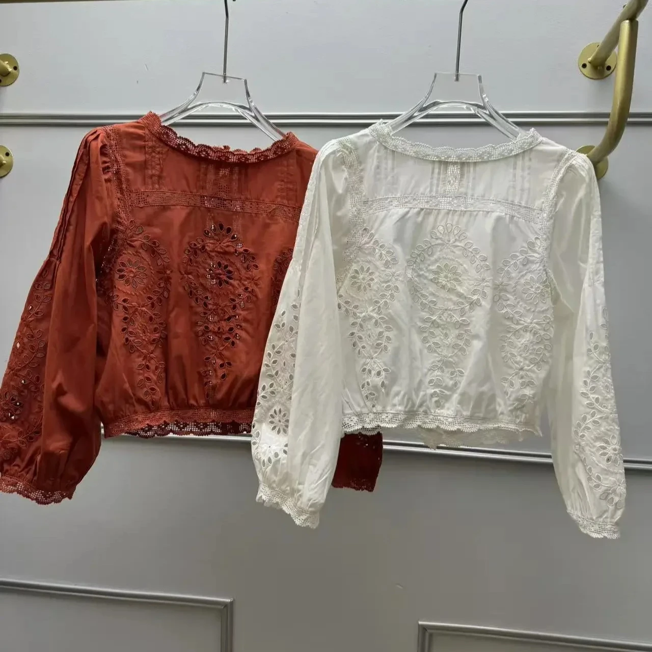 

Women's Cotton Lace Hollow Out Blouse Round Neck Puff Sleeve Embroidery Top 2025 Spring Summer