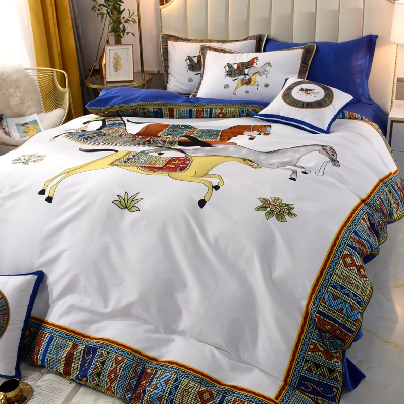 600TC Egyptian Cotton Luxury 4/6Pcs Bedding Set Horse Pattern Duvet Cover Set LFlat/Fitted Bed Sheet Pillowcases Pillowcases