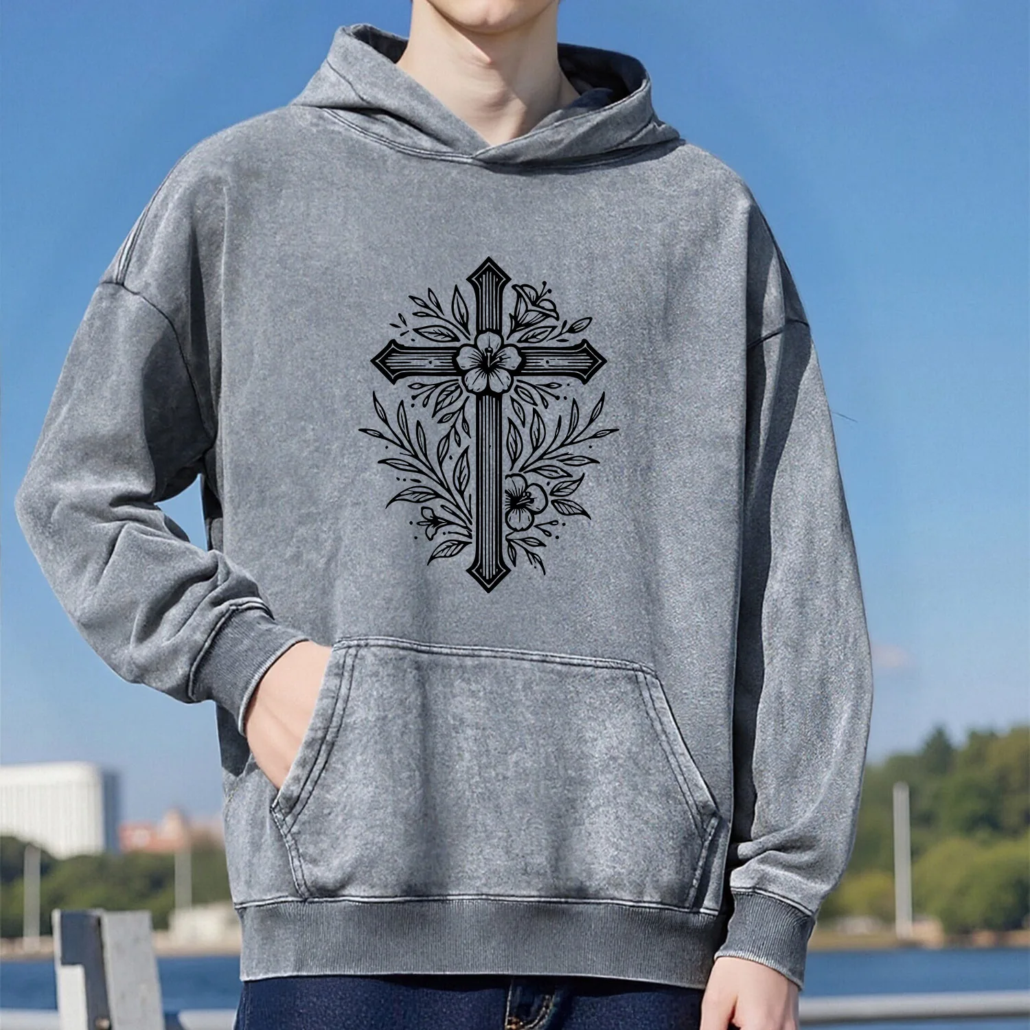 سويت شيرت بقلنسوة بنمط كروس ريترو مغسول للجنسين كاجوال بنمط رياضي مصنوع من القطن الخالص طراز الشارع 400 جرام #1