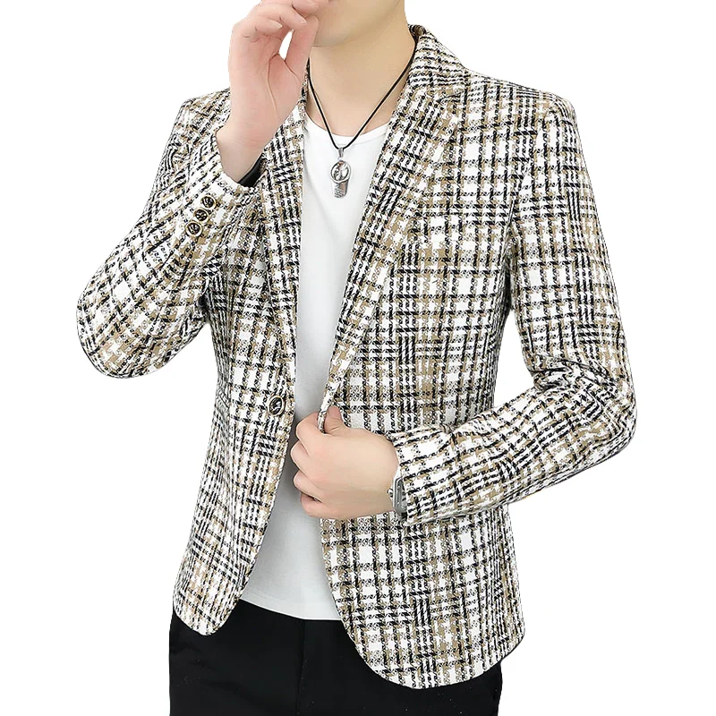 Blazer Men\'s Fashion Gentleman Business Outdoor Travel Plaid Slim-fit Korean Version of The Trend Handsome Youth Casual Blazer