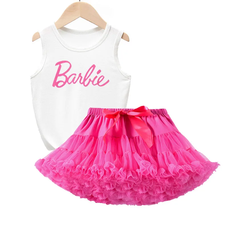 Kawaii Cartoon Anime Barbie Girls Sleeveless Princess Skirt Suit Sweet Cute Sleeveless Top Mesh Tutu Skirt Two-Piece Set