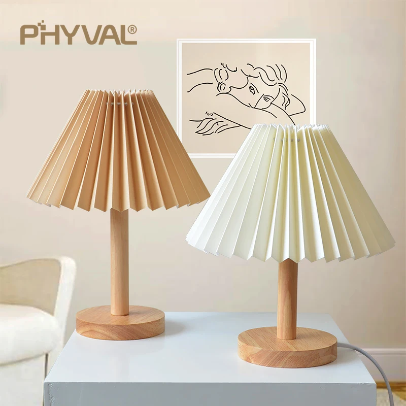 Korean Retro Pleated Table Lamp Nordic Solid Wood Table Lights Study Reading Table Lamps For Bedroom Home Decoration Lighting