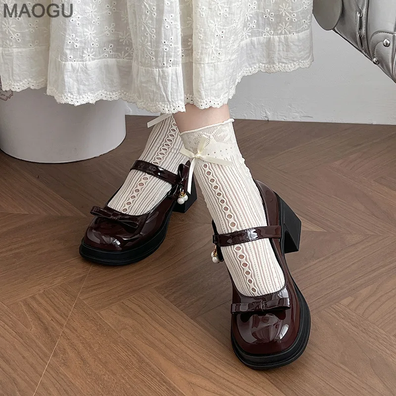 

French Chunky Heel Platform Pumps Women's Thick Sole Height Increasing Mary Jane Shoes Retro Leather Shoes Zapatos De Mujer