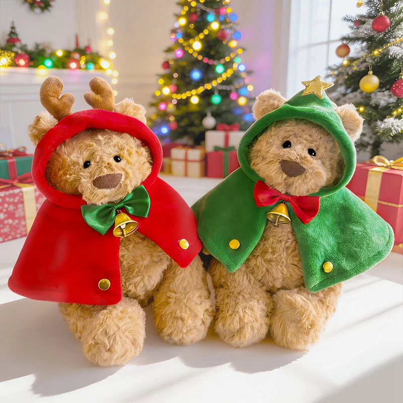 

25cm Christmas Cloak Plush Toys Lovely Bear Wear Christmas Hat Soft Stuffed Animals 2 Color Plushies Doll Christmas Party Decor