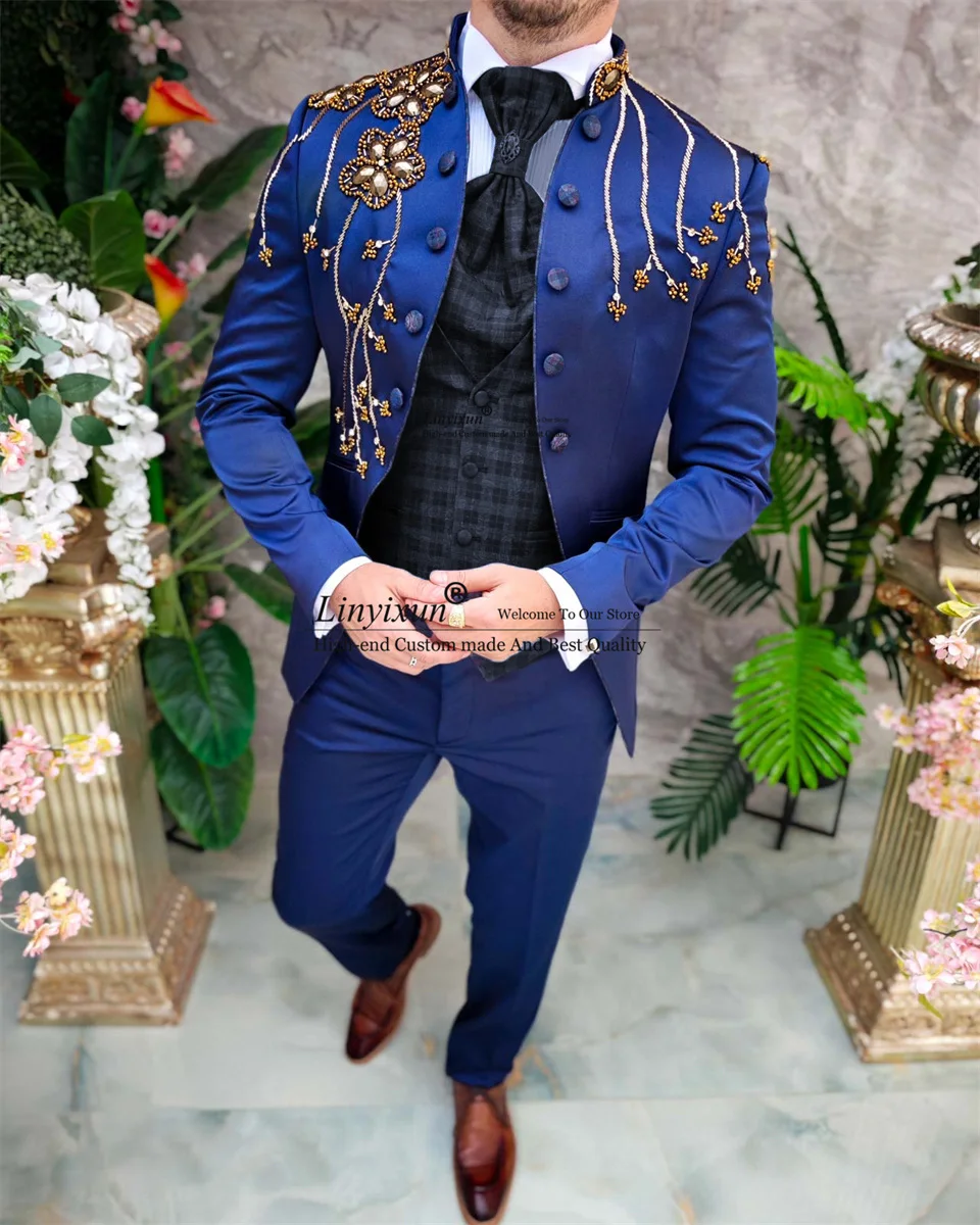 

Elegance Beaded Men Suits Luxury Shawl Lapel Groom Wedding Tuxedos 3 Pieces Sets Prom Blazers Slim Fit vestidos de novia