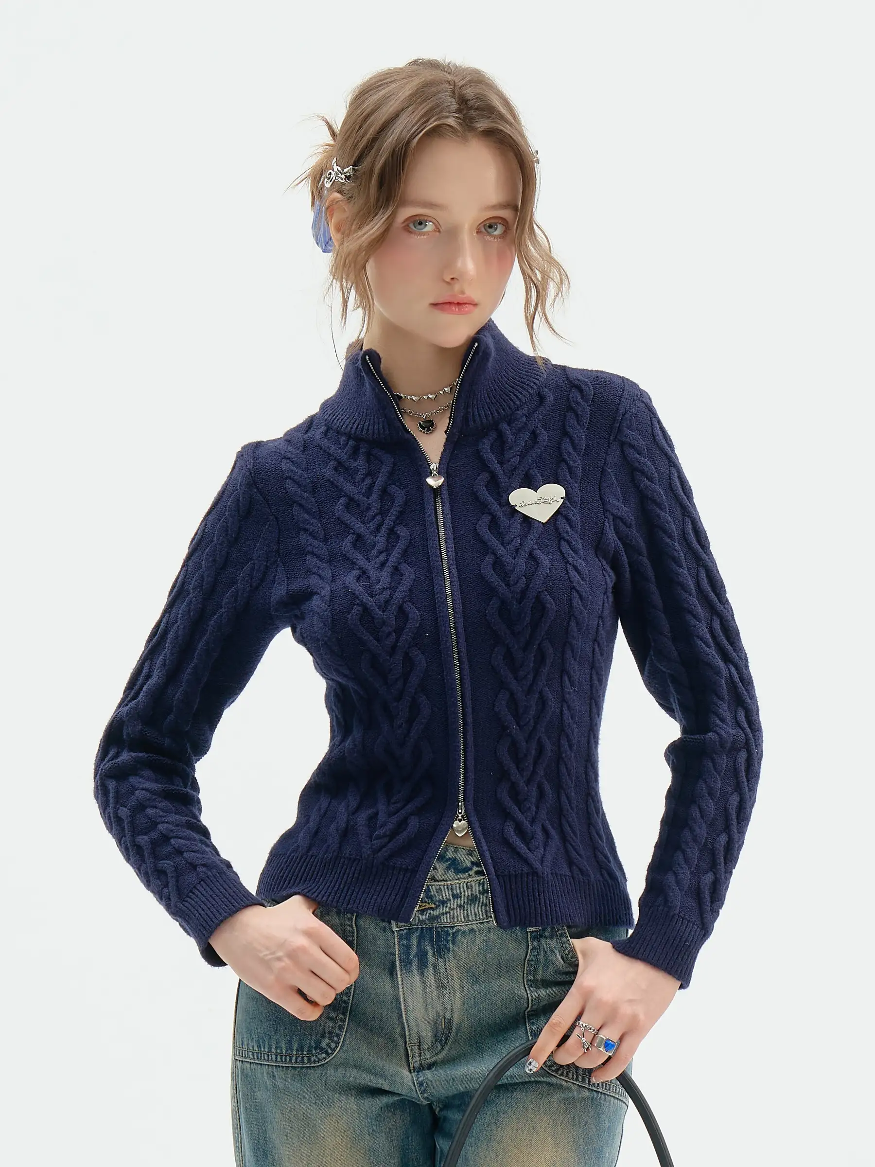 

Slimming Deep Blue Twisted Sweater Cardigan Women's Faion Autumn Winter American Retro Design Sense ZiziFei Women's Knitwear