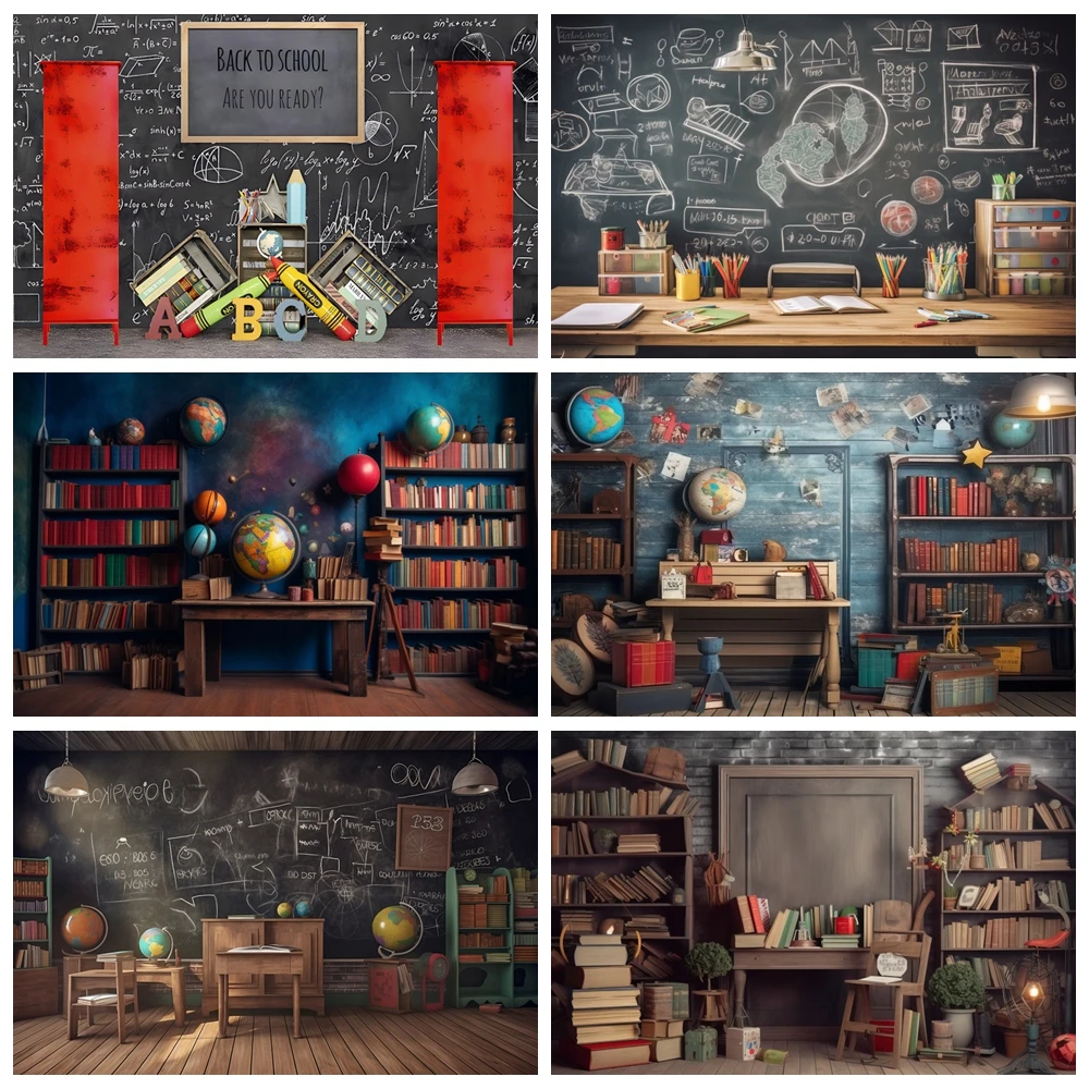 Back To School Photography Backdrop Chalkboard Bookshelf Books Desk Student Classroom Children Graduation Photo Background Decor