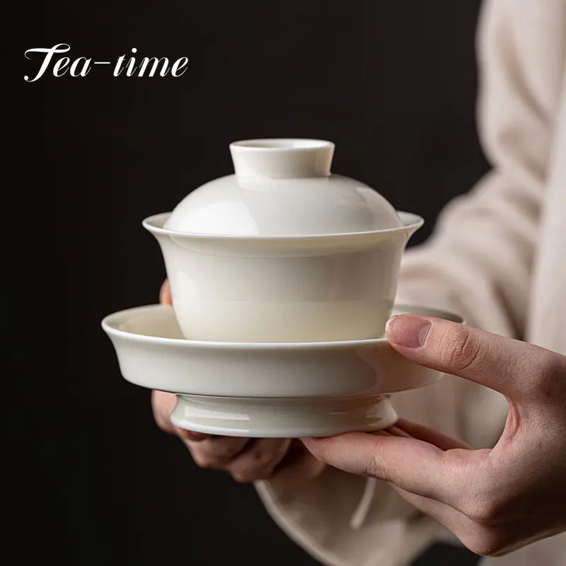 

150ml Handmade Apricot White Porcelain Tea Tureen Chinese Tea Maker Gaiwan with Lid Anti-hot High Foot Cover Bowl Kung Fu Teaset