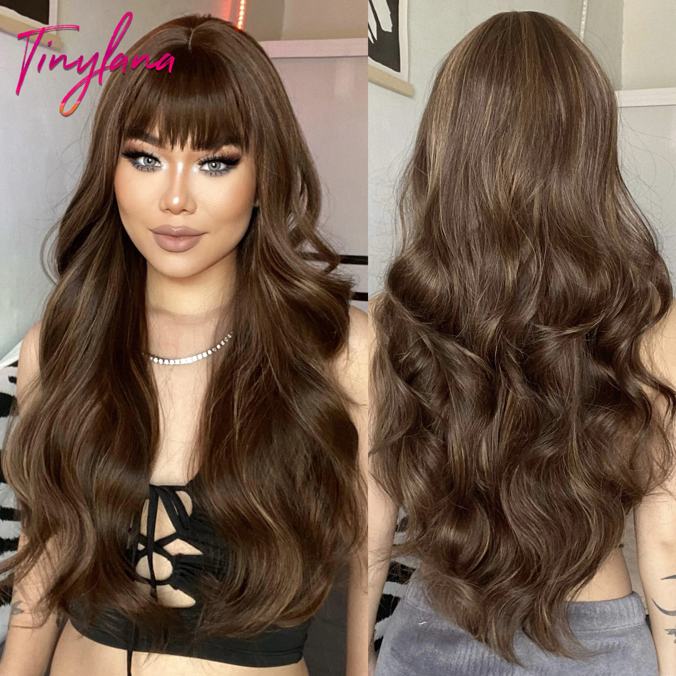 Long Wavy Orange Brown Synthetic Wig with Bangs, Cosplay