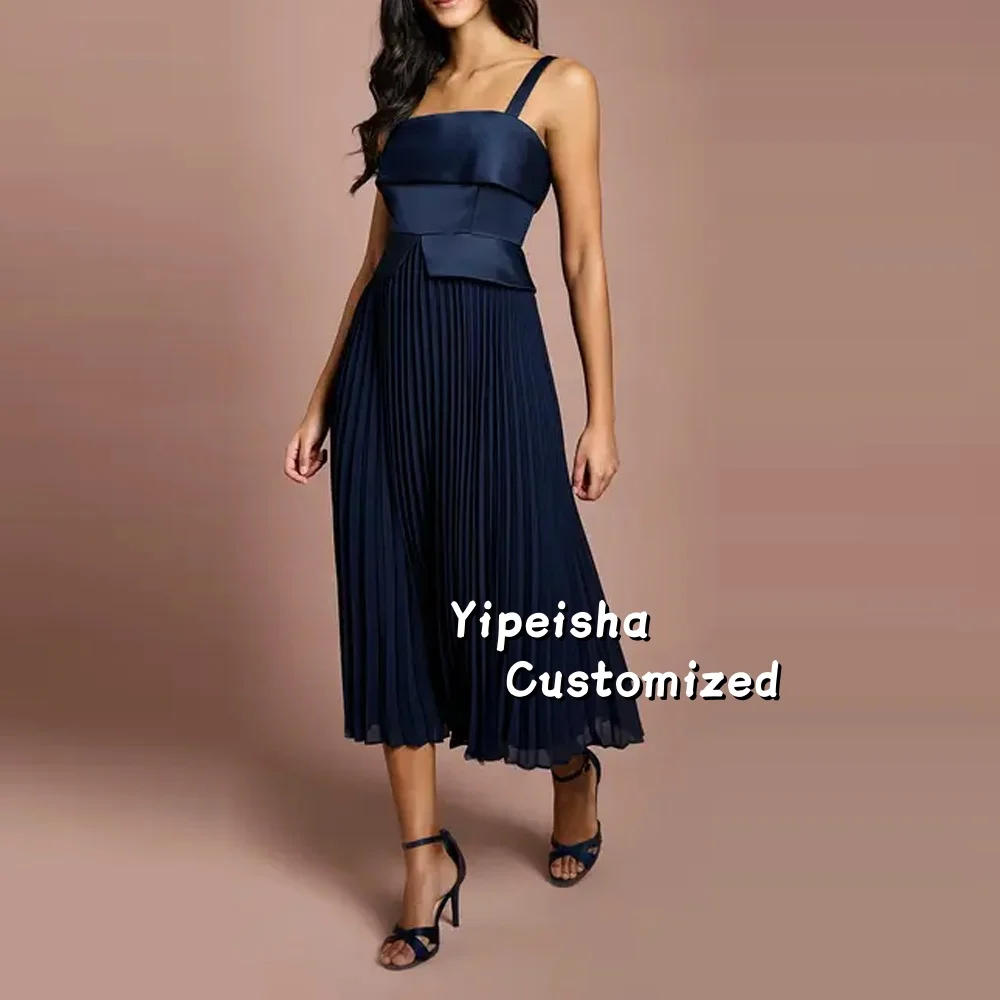 

Sleeveless Square Collar Evening Dress A-Line Draped Tea Length Prom Dresses Women Customized Wedding Party Backless Gown