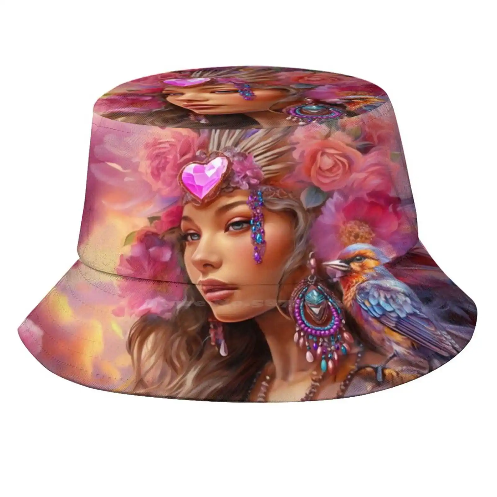 Love Song Sun Cap Fisherman Hat Bucket Hats Bird Wildlife Colorful Valentines Day Hearts Clouds Feathers Beads Emotional Art