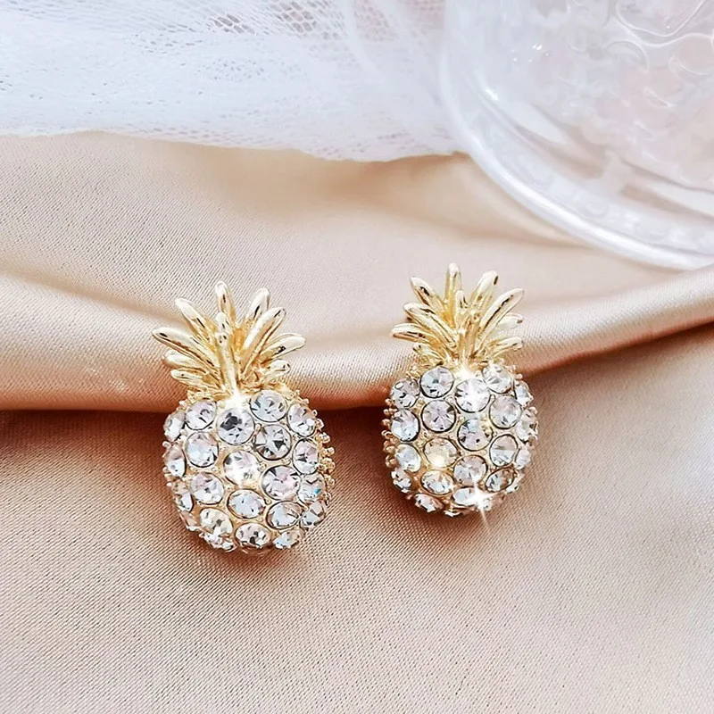 Full Crystal Pineapple Stud Earrings For Women Golden 2022 Trendy Luxury Korean Jewelry White Zircon Earrings Female