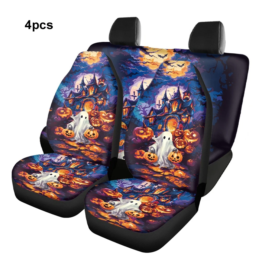 4PCS Halloween Black Cat Pumpkin Car Seat Covers Universal Car Seat Cover Seat Protector Seat Covers Set Durable