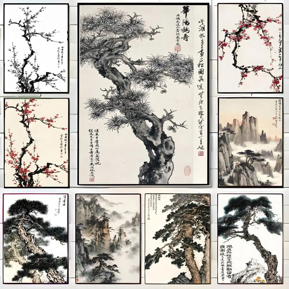 Classic Ink Art Chinese Ink Style Pine Tree Alpine Flow Water Poster Wall Art Print Decorative Mural Home Decor Gift Unframed