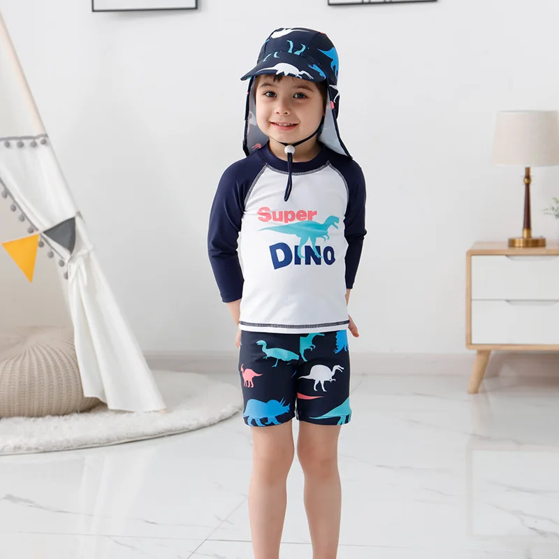 Costume da bagno per bambini Neonati maschi Diviso Cartoon Dinosaur Protezione solare Costume da bagno a maniche lunghe Set Costumi da bagno per ragazzi per bambini adolescenti con cappuccio
